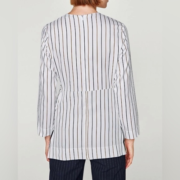 Zara Cotton Poplin Striped Bow Long Sleeve Tunic Top - Picture 6 of 15
